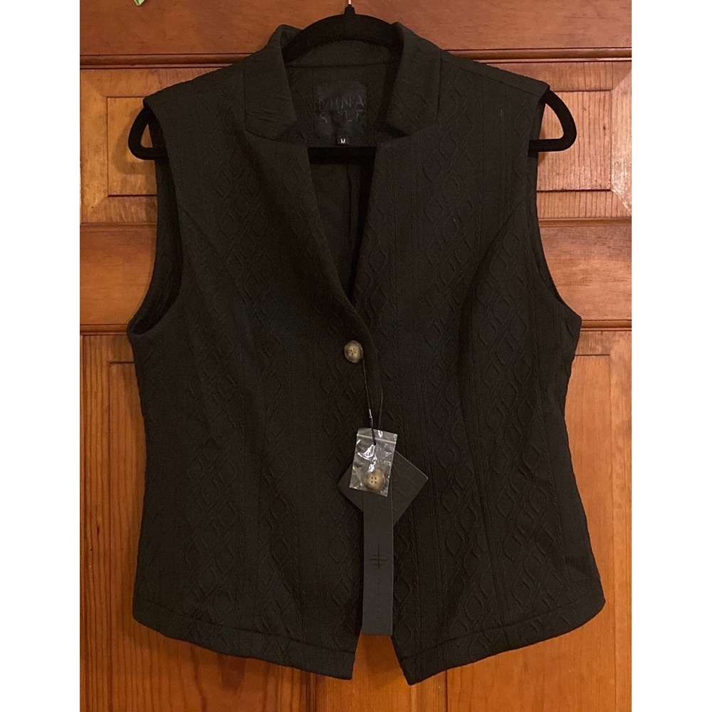 Mina Self M Black Textured Diamond Knit Two Button Vest Western Layering Edgy